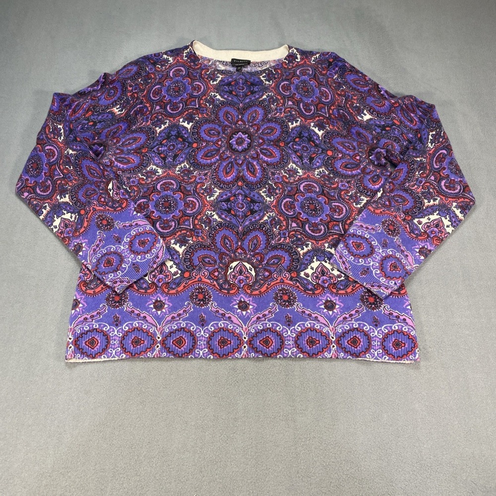 Talbots Audrey Pure Cashmere Sweater XL Purple Modern Paisley Print